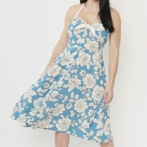 Unique Vintage - Light Blue and White Floral Halter Swing Dress (Size 2X)
